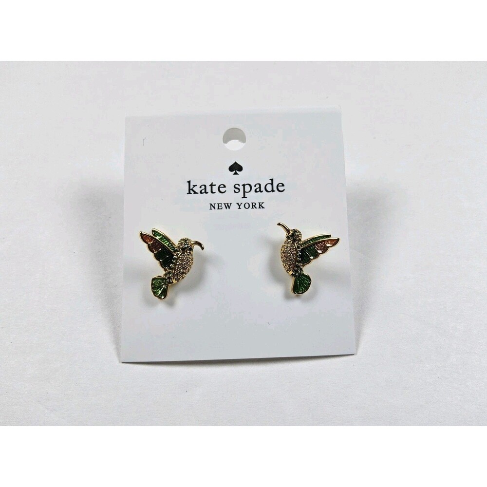 Kate‎ Spade New York Hummingbird Stud Earrings Gold Tone Enamel Pave Crystal